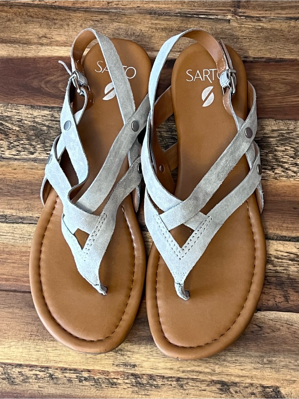 Franco Sarto Light Gray Suede Crisscross Toe-Post Sandals